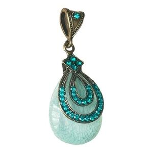 Vintage retro bohemian style turquoise rhinestones oval emerald pendant Women
